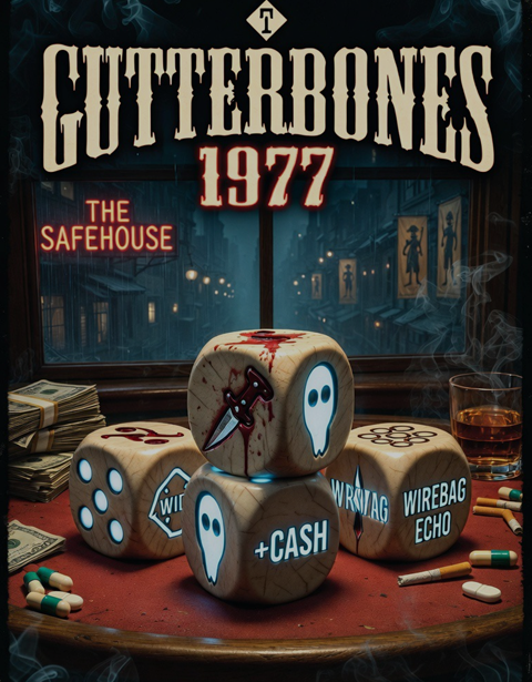 Gutterbones 1977 game thumbnail with dice, noir alley, and safehouse sign